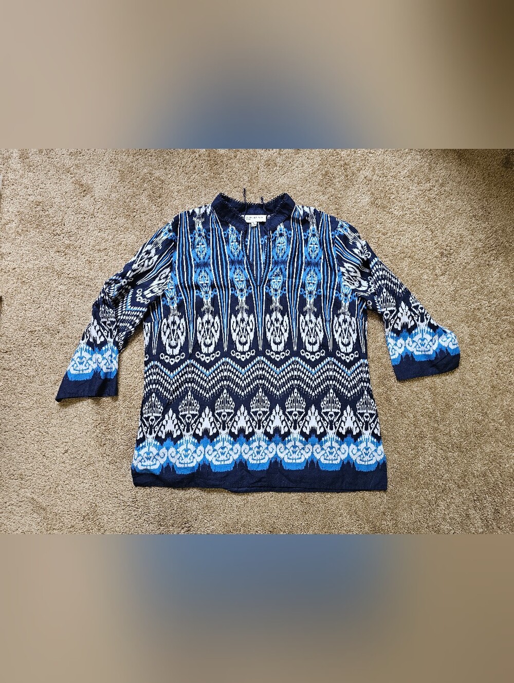 Jones New York Navy and Light Blue Patterned Crewneck Blouse XL
